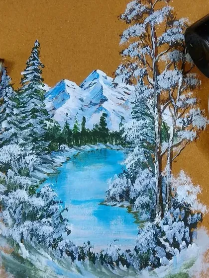 A beautiful snow-covered landscape painted with acrylics. This is an example of the guided paintings we offer in our workshops, suitable even for absolute beginners.