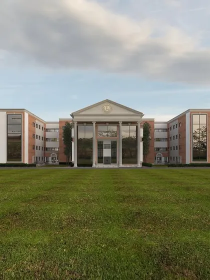This is a look at a school facade we designed, blending classical architectural principles with modern construction. The grand columns and symmetrical design create a sense of permanence and academic prestige, showing our capability on large-scale institutional projects.