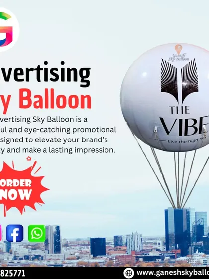This graphic shows one of our advertising sky balloons floating above a city skyline, illustrating the powerful visibility it provides for brands like 'The Vibe'.