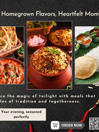 Homegrown flavors, heartfelt moments. This collage showcases our garlic naan, chicken curry, biryani, and a simple poori meal, perfect for a seasoned evening.