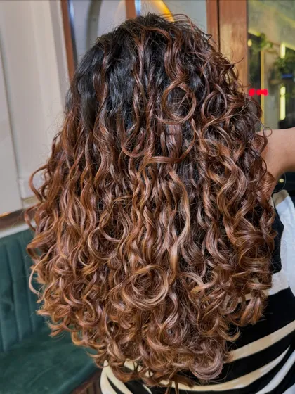 Life's too short for boring hair! These golden-brown highlights were created with Wella professional colors to give a beautiful, sun-kissed glow to her curls.