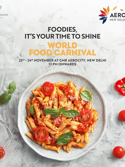 "Foodies, it's your time to shine." A mouth-watering plate of pasta serves as the centerpiece for this World Food Carnival announcement, inviting guests to taste the world.