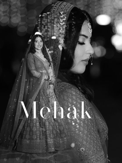 A stylish black and white double-exposure portrait of the bride, Mehak. The creative composition gives it a modern, editorial feel.