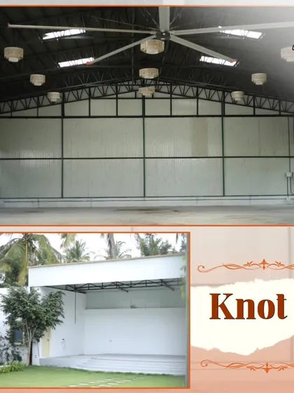 The indoor and outdoor stage options at 'The Venue'. The large hall is equipped with industrial fans, making it comfortable for large gatherings in any weather.