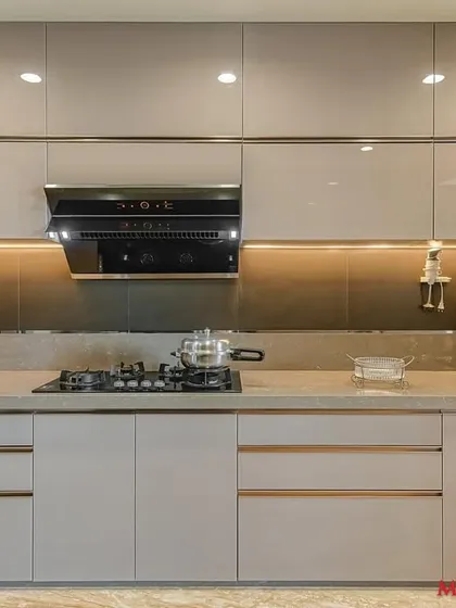 A full view of the acrylic parallel kitchen, showcasing its modern and sophisticated aesthetic.