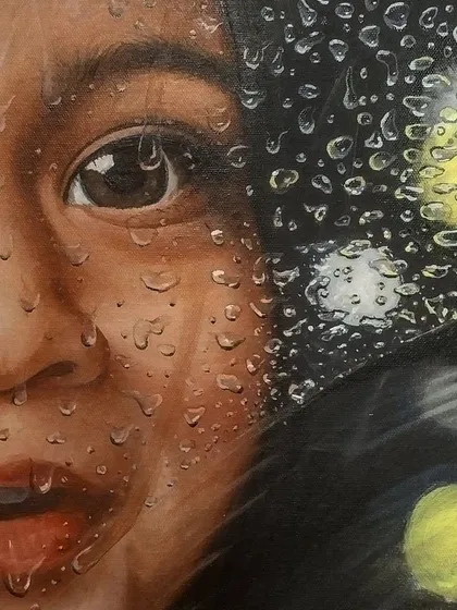 A close-up from the 'Dewdrops' painting in progress. Capturing the photorealistic water drops requires careful attention to how each droplet reflects and refracts the light and the image behind it.