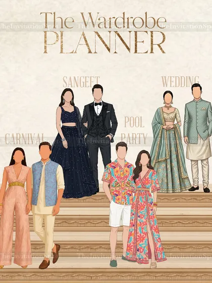 To solve the classic "what to wear" question, I create these custom wardrobe planners. This illustrated guide shows guests the outfits for each event, from a carnival to the sangeet, making sure everyone feels included and prepared.