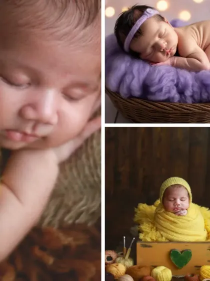 This collage showcases the variety in newborn photography, from a baby in a bee costume to another nestled in a basket, highlighting different props and color schemes.