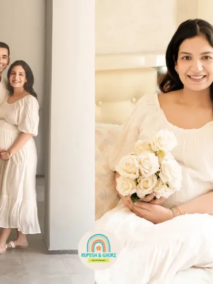 A beautiful solo portrait of the mom-to-be holding a bouquet of white roses, radiating peace and happiness. We use the natural light in your home to create these soft and dreamy images.