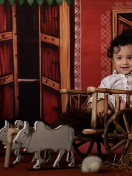 A trip to a vintage village. This rustic, cultural theme with a bullock cart is a unique way to connect with heritage.