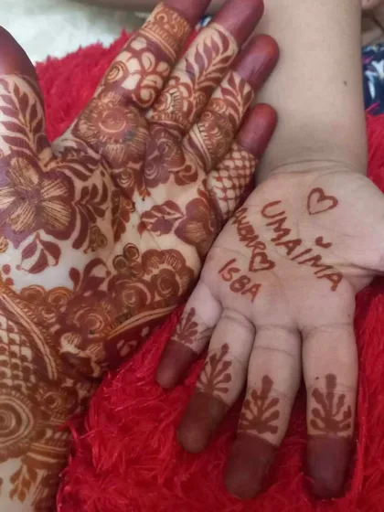 Mehendi is for everyone. I loved creating this simple design for a little one, with her name and some hearts, plus some basic leaf motifs on her tiny fingers.