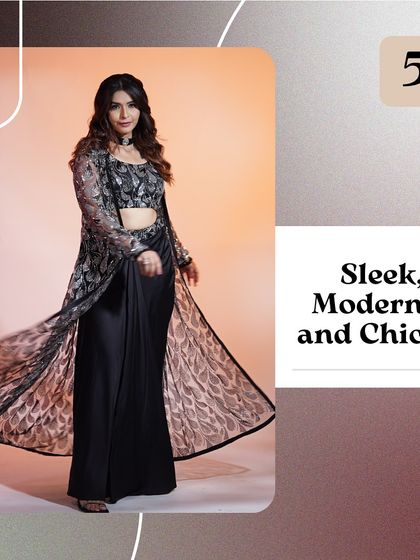 A graphic showcasing a sleek, modern, and chic black Indo-Western set. The sheer, printed jacket adds a layer of sophistication to the look.