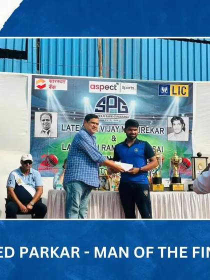 Sued Parkar receives the Man of the Final award for his match winning performance in the SPG T20 Cup final.