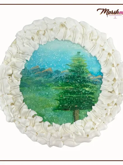 Turning cake into canvas. This is a hand-painted cake depicting a serene winter landscape, framed with delicate buttercream piping.