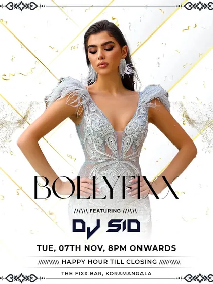 A stylish flyer for a 'Bollyfixx' night, promising a journey of Bollygrooves.