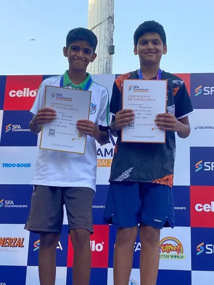 A proud moment for our academy. Here are our champions, Pradhyuman Savant and Vyom Shivmath, with their gold medals in the Under 14 Doubles at the SFA Championship. This is what hard work and proper guidance can achieve.