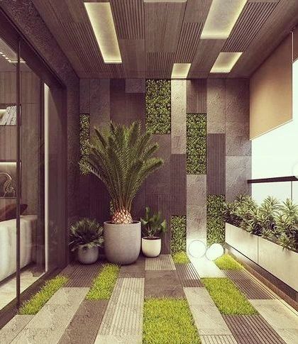 This is a highly modern and architectural balcony design. I used a mix of materials, including composite decking with artificial grass inlays and a feature wall with integrated vertical green panels, to create a unique and dynamic space.