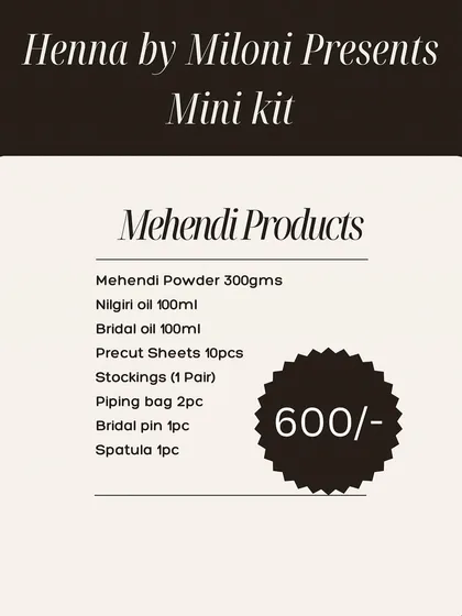 A clear breakdown of what's inside my Mini Mehendi Kit and its price. It's a one-stop solution for anyone wanting to make professional-quality henna cones at home.