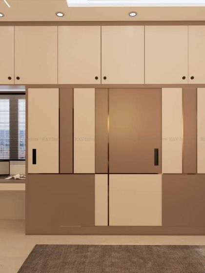 This bedroom features a two-tone wardrobe with an integrated study nook, a great solution for smaller rooms.