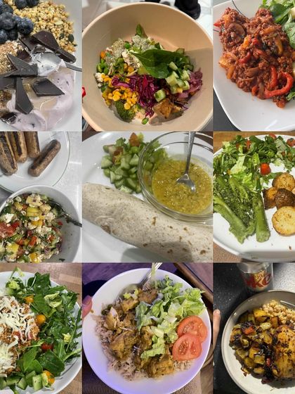 A collage of the high-protein, low-calorie meals my clients and I eat. This is proof that you don't have to eat boring food to get results.