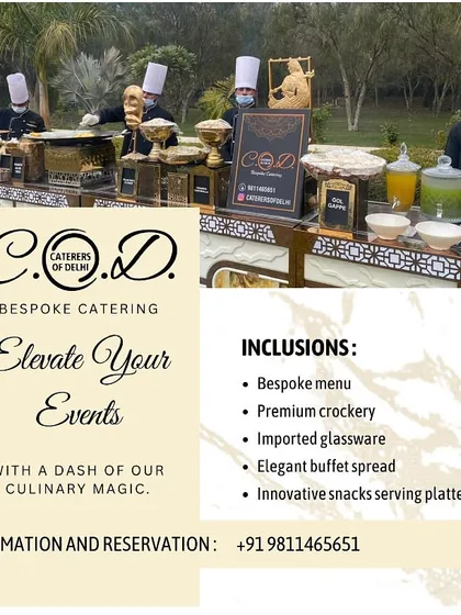 This graphic summarizes our premium buffet inclusions. We provide a bespoke menu, premium crockery, imported glassware, and an elegant buffet spread, all designed to elevate your event with our culinary magic.
