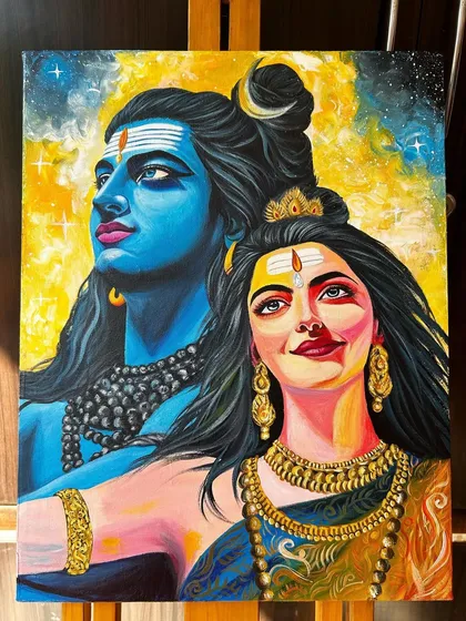 A full view of the finished Shiv Parvati painting on an easel. The starry background and golden jewelry details add a touch of magic to the divine couple.