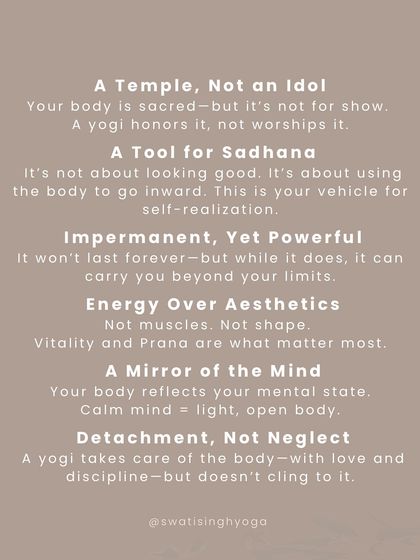 A yogi sees the body as a temple, not an idol. It's a tool for sadhana (spiritual practice), a mirror of the mind, and something to be cared for with detachment, not neglect.