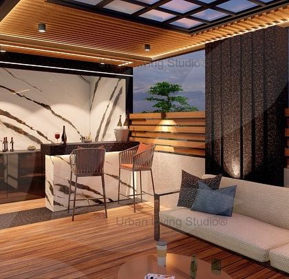 Have a boring pantry on your terrace? This render shows how we can transform it into a modern open pantry and bar, with a beautiful marble-look backdrop and stylish seating.