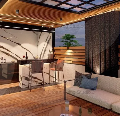 Have a boring pantry on your terrace? This render shows how we can transform it into a modern open pantry and bar, with a beautiful marble-look backdrop and stylish seating.