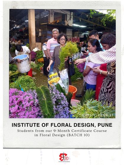 Students from our Pune batch at the local flower market. This hands-on experience teaches them how to identify fresh, high-quality flowers and foliage, a vital skill for a florist.