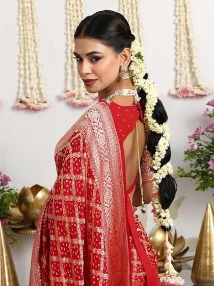 The back view of the model, showing the elegant blouse design and the beautiful drape of the saree.