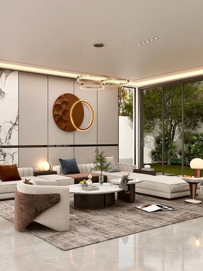 Straight lines, bold circles, and soft textures come together in this living room. The space is designed for comfort and style, with a large window wall connecting the interior to the garden outside.