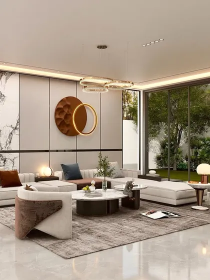 In this space, we played with geometric forms. The straight lines of the sectional sofa and wall paneling are contrasted by the circular motifs in the wall art and the soft curves of the accent furniture, creating a visually dynamic yet harmonious interior.