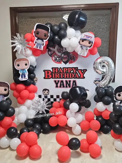 A custom 'Stranger Things' themed birthday party for a 9-year-old fan. We created balloon columns with character cutouts, a personalized backdrop, and used the show's signature red, white, and black color scheme.