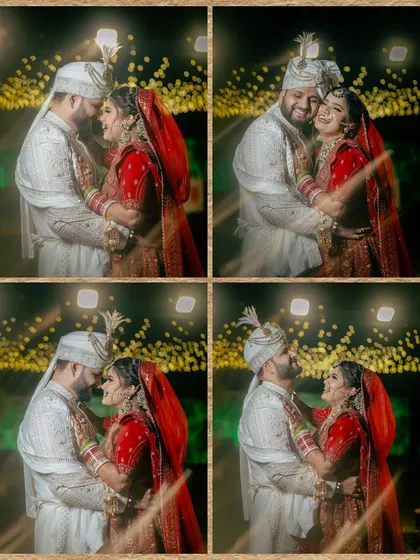 A four-panel collage of the couple's romantic and playful moments on their wedding day, capturing a range of emotions.