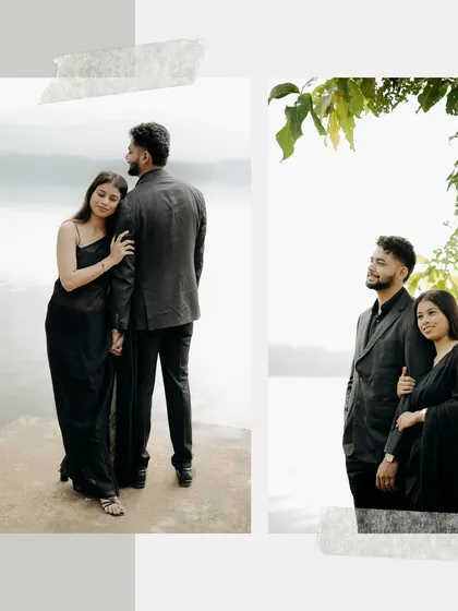 A stylish collage of a couple dressed in black, posing by a serene lake. The modern layout gives it a magazine-like feel.