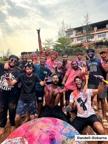 Holi celebrations, Dandeli-Gokarna style. After a day of adventure, we let loose with colours, creating a memory that is as wild and fun as the trip itself.