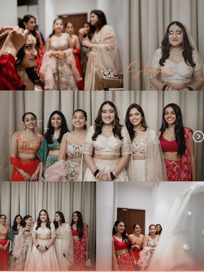A collage showing the bride getting ready with her bridesmaids, capturing the fun, support, and excitement of the bride tribe.