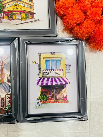 A close up of a charming illustration of a corner store. This kind of art is perfect for capturing the memory of a favorite place, like a local cafe or shop.