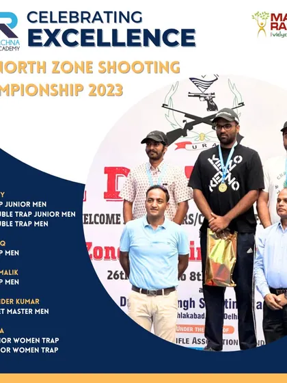 Our shooter Tanishq on the podium after winning Gold in Trap Men at the 42nd North Zone Shooting Championship, a proud moment for the academy.