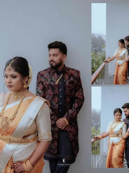 A collage showcasing the new parents during their baby's naming ceremony. The images capture them together in their elegant traditional outfits, celebrating this special day.