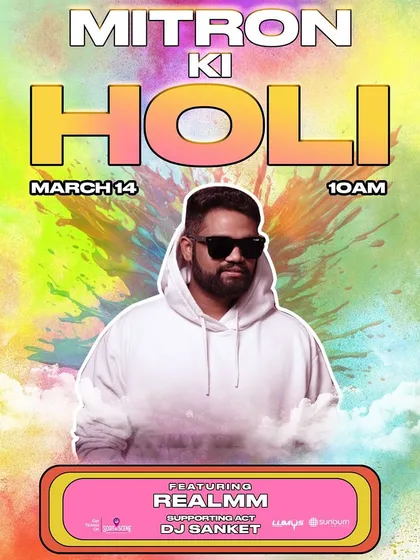 The poster for 'Mitron ki Holi' in Thane. The design is fun, colorful, and full of festive energy.