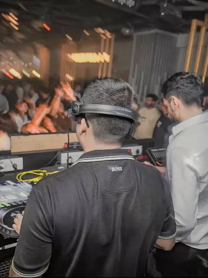 A shot from behind the console, showing my focus on the Pioneer DJ setup.