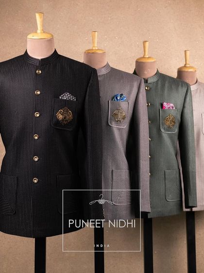 A lineup of my Bandhgalas with emblem pockets. These jackets can be paired with kurtas for a look that is both ethnic and stylish for morning or evening events.