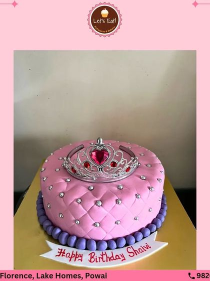 A royal cake for a birthday princess. This design features a quilted pink fondant finish with silver pearls and a sparkling tiara on top. It’s a simple yet glamorous cake fit for royalty.