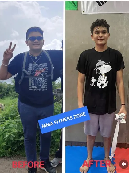 The picture says it all. This is what real dedication looks like. We transformed this student from fat to fit with a combination of kickboxing, a proper diet plan, and consistent hard work.