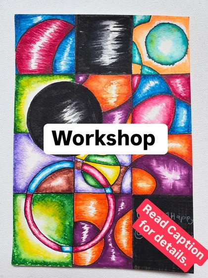 This is a piece from my beginner abstract art workshop. I love helping people explore geometric shapes and vibrant colours to create something modern and personal for their home. It's a super fun session available both online and in person here in Pune.