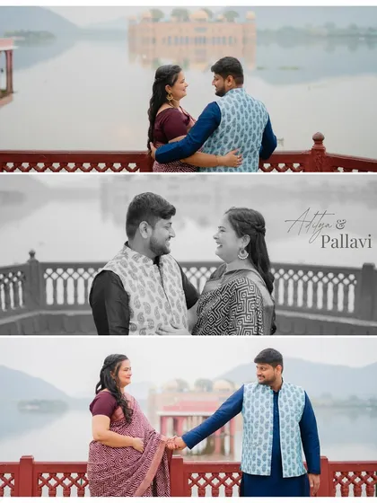 A collage of Aditya and Pallavi's pre-wedding shoot at Jal Mahal, capturing their smiles and laughter against the beautiful backdrop.