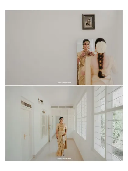 A collage of the bride's portraits, capturing her serene moments and the details of her traditional look.