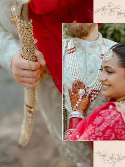 A creative collage focusing on the details: the groom's kirpan and the bride's joyful smile and intricate henna.